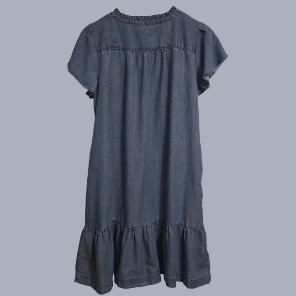 LOFT Chambray Denim Button Front Dress Women’s Size 8 Blue Ruffle Hem - Picture 3 of 4
